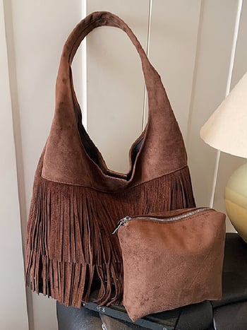 Ženska torba tote velike kapacitete s resicama, retro stil, jesen 2025 moda, PU materijal, vedro-stil
