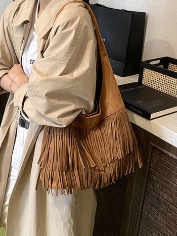 Ženska torba tote velike kapacitete s resicama, retro stil, jesen 2025 moda, PU materijal, vedro-stil