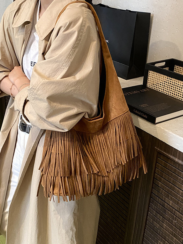 Ženska torba tote velike kapacitete s resicama, retro stil, jesen 2025 moda, PU materijal, vedro-stil