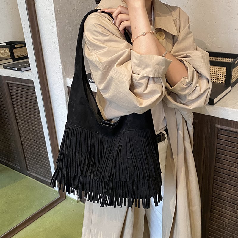 Ženska torba tote velike kapacitete s resicama, retro stil, jesen 2025 moda, PU materijal, vedro-stil