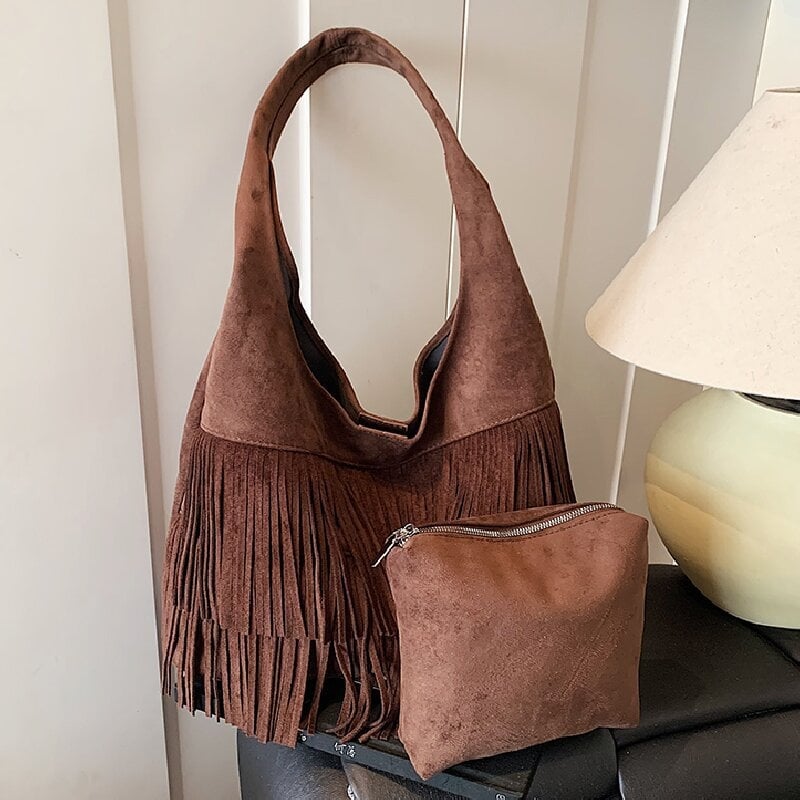 Ženska torba tote velike kapacitete s resicama, retro stil, jesen 2025 moda, PU materijal, vedro-stil