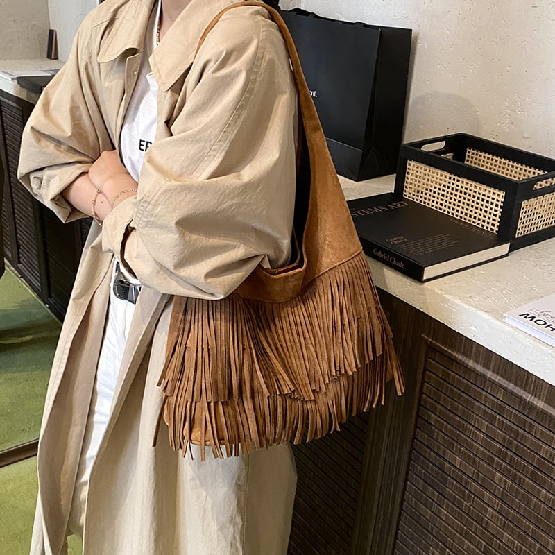 Ženska torba tote velike kapacitete s resicama, retro stil, jesen 2025 moda, PU materijal, vedro-stil