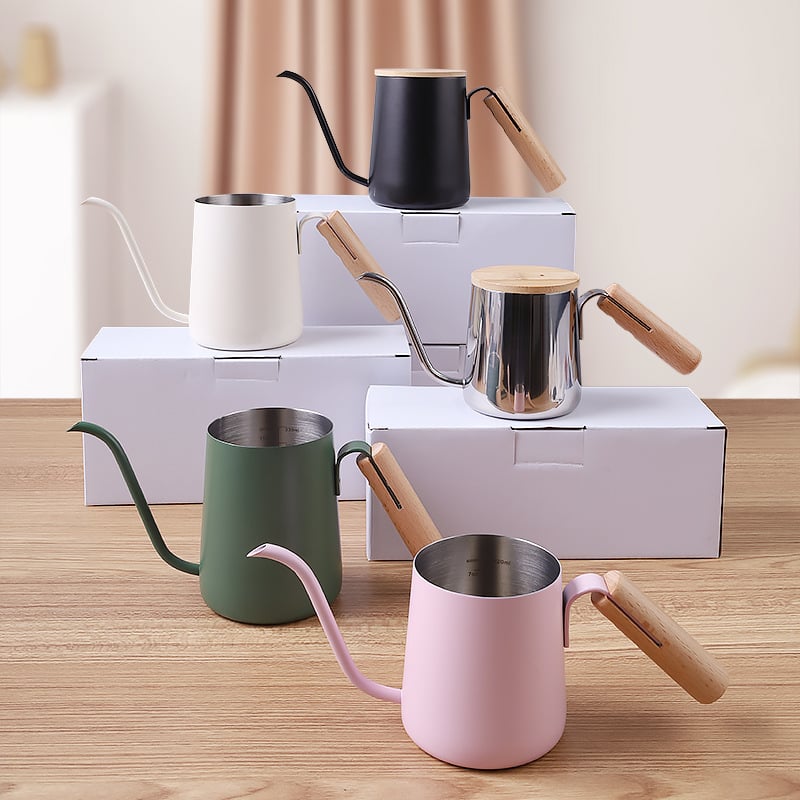Ceainic pour-over cu mâner din lemn, gură lungă și subțire, scară internă din oțel inox SUS304, design mini compact, stil Nordic