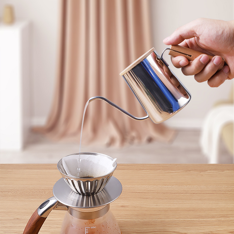 Ceainic pour-over cu mâner din lemn, gură lungă și subțire, scară internă din oțel inox SUS304, design mini compact, stil Nordic