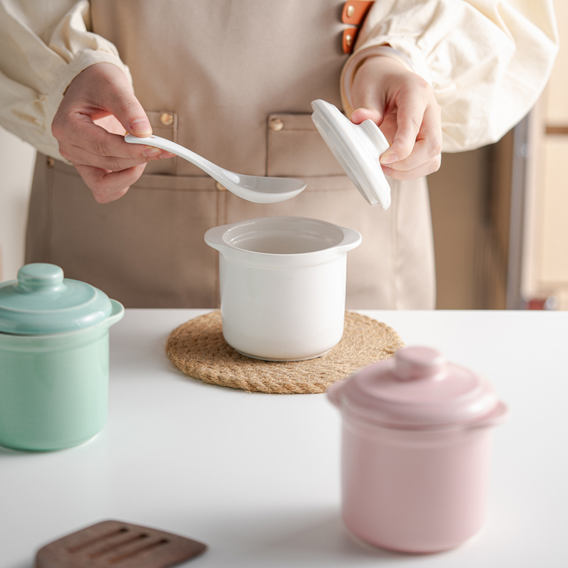 Oală ceramică cu două mânere și capac, pentru gătit în baie de apă, oală pentru supă cu cuib de păsări, dimensiune mică