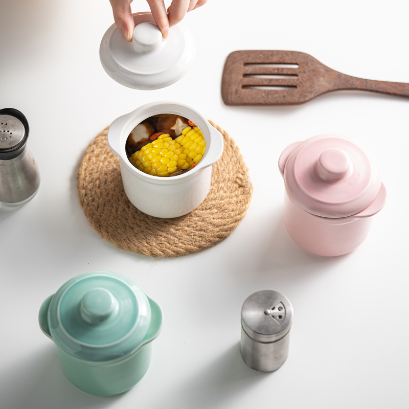 Oală ceramică cu două mânere și capac, pentru gătit în baie de apă, oală pentru supă cu cuib de păsări, dimensiune mică