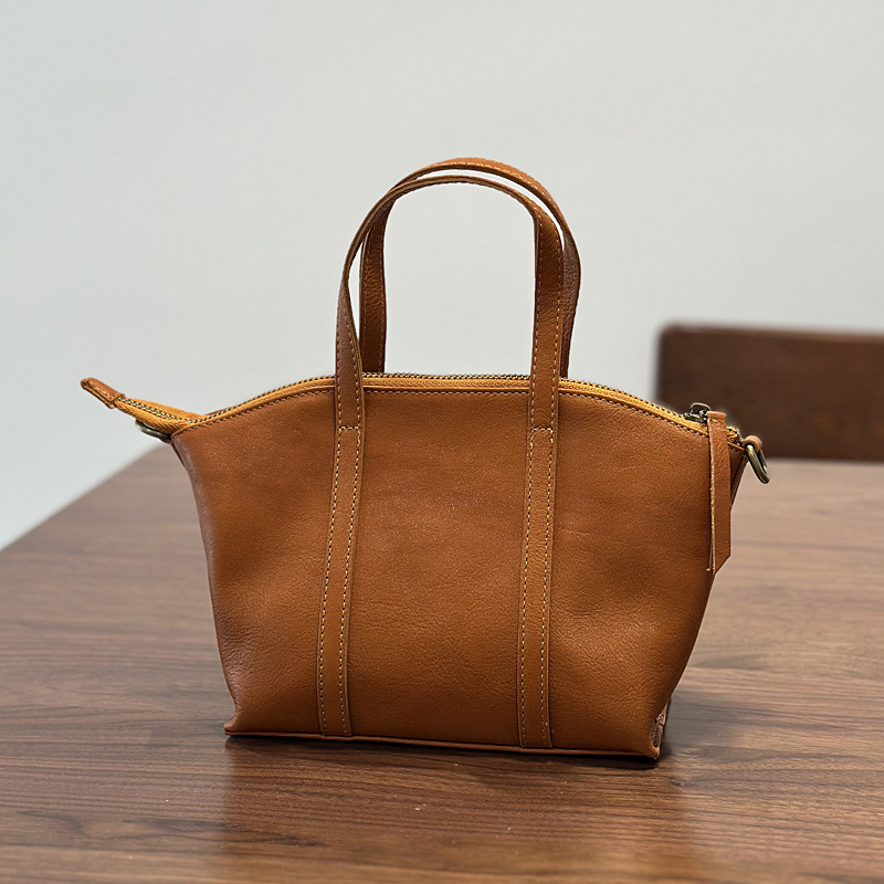Mini torbica s oblikom školjke od prave kože, ženska torba preko ramena, crossbody, prvi sloj goveđe kože, biljna patinirana koža, korejskog stila umjetnički dizajn, mala i mekana