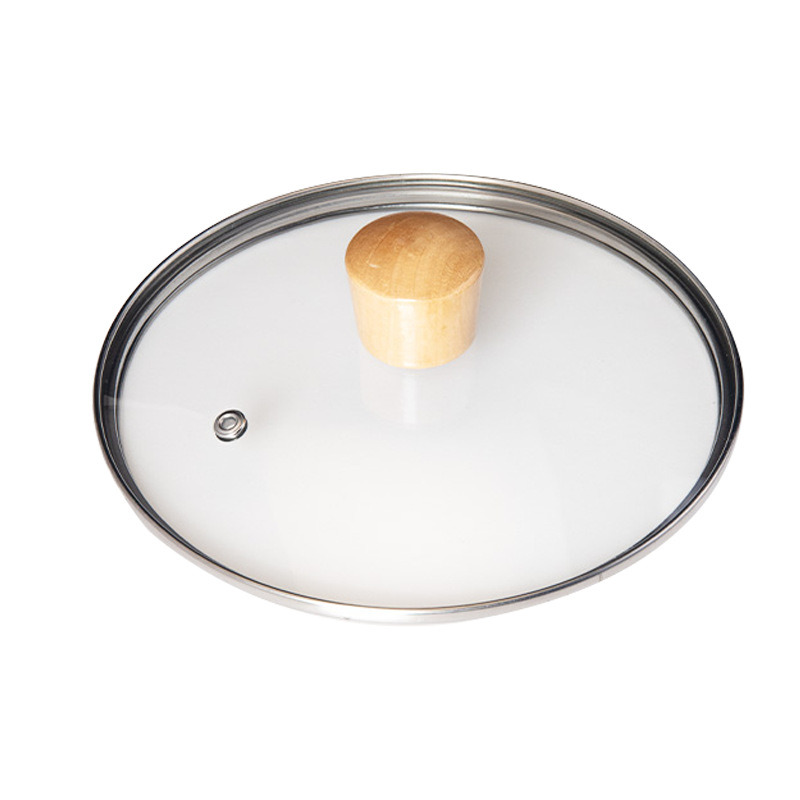 Capac de sticlă în formă de G pentru oale și wok, sticlă temperată, capac transparent cu mâner din lemn, rotund