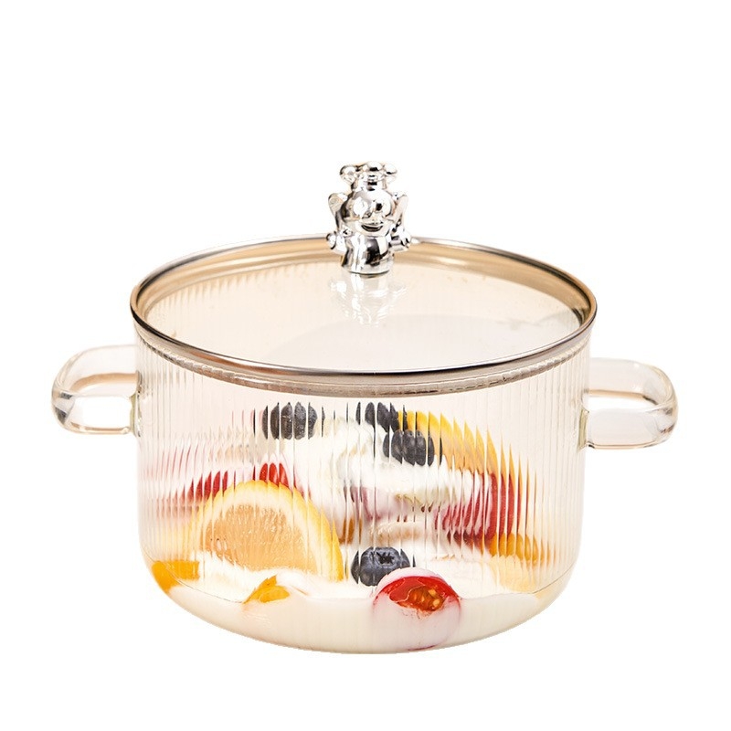 Oală de lapte din sticlă borosilicat, în formă de urs, cu două mâneri, rezistentă la temperaturi înalte și flamă deschisă; perfectă pentru supe, terci și tocănițe pe aragaz cu gaz.