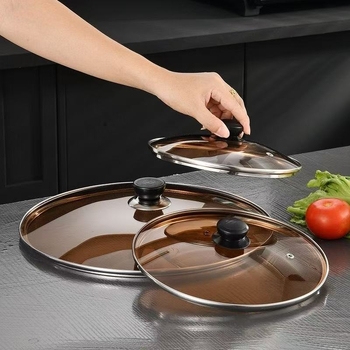 Cap din sticlă temperată pentru oale și wokuri, capac universal din oțel inoxidabil, compatibil cu vase antiaderente