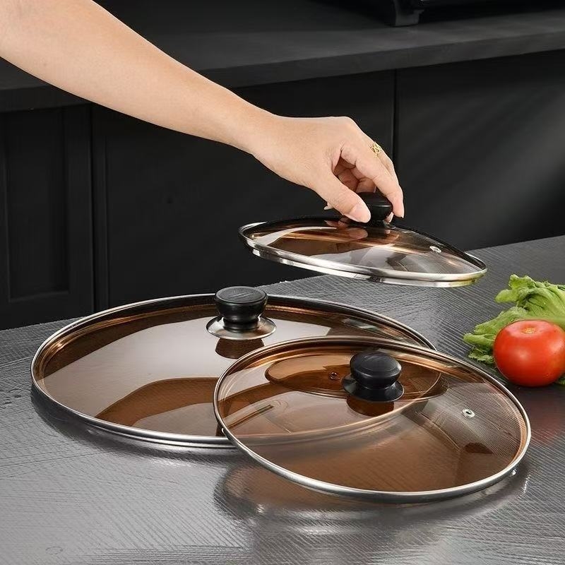 Cap din sticlă temperată pentru oale și wokuri, capac universal din oțel inoxidabil, compatibil cu vase antiaderente