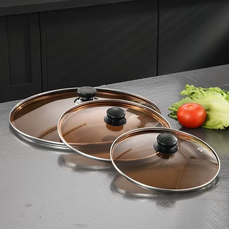 Cap din sticlă temperată pentru oale și wokuri, capac universal din oțel inoxidabil, compatibil cu vase antiaderente