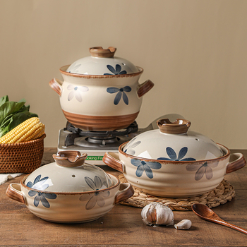 Oală de lut albastru închis cu capac, 2.1–3 L, compatibilă cu aragaz pe gaz, vas ceramic pentru supe și tocănițe, stil japonez