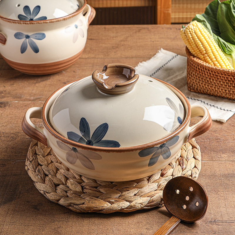 Oală de lut albastru închis cu capac, 2.1–3 L, compatibilă cu aragaz pe gaz, vas ceramic pentru supe și tocănițe, stil japonez