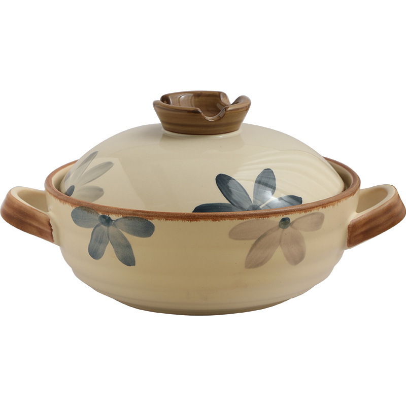 Oală de lut albastru închis cu capac, 2.1–3 L, compatibilă cu aragaz pe gaz, vas ceramic pentru supe și tocănițe, stil japonez