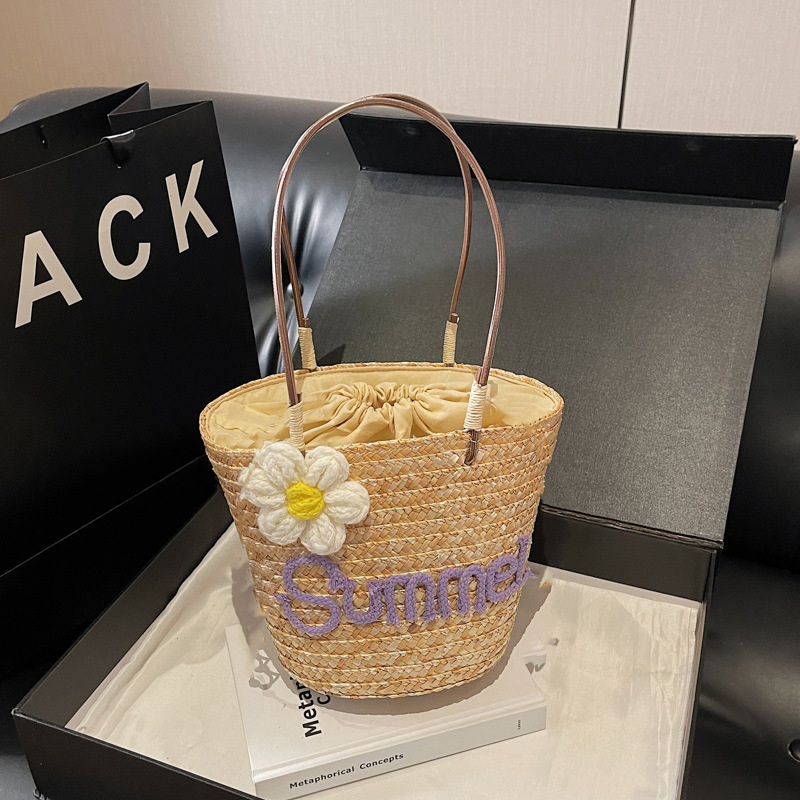Jednostavna jednobojna slamena bucket torba velikog kapaciteta, elegantan novi dizajn, slatka i stilska ručna torba, set majka-kći
