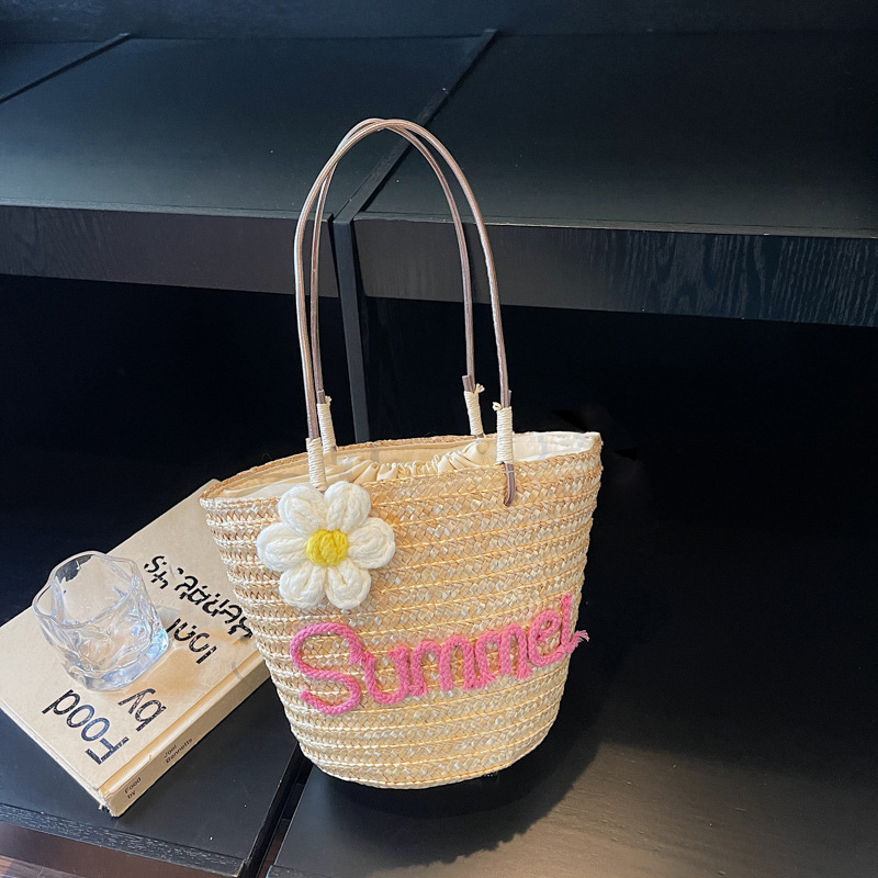 Jednostavna jednobojna slamena bucket torba velikog kapaciteta, elegantan novi dizajn, slatka i stilska ručna torba, set majka-kći