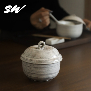 Vas ceramic pentru gătire în baie de aburi cu capac, cremă de ou, stil japonez retro