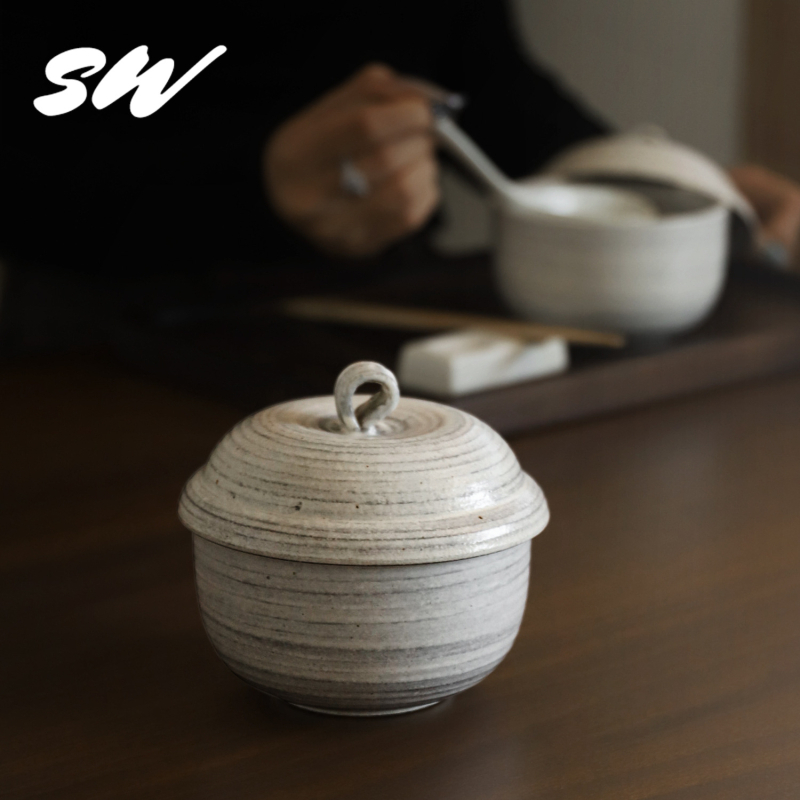 Vas ceramic pentru gătire în baie de aburi cu capac, cremă de ou, stil japonez retro