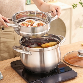 Oală dublă din oțel inoxidabil pentru abur, uz casnic, cu mâneri duble, oală de gătit abur pentru supe, compatibilă cu plite cu inducție și cu gaz, mare capacitate, design curbat