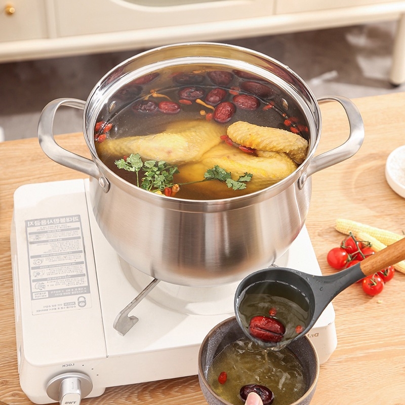 Oală dublă din oțel inoxidabil pentru abur, uz casnic, cu mâneri duble, oală de gătit abur pentru supe, compatibilă cu plite cu inducție și cu gaz, mare capacitate, design curbat