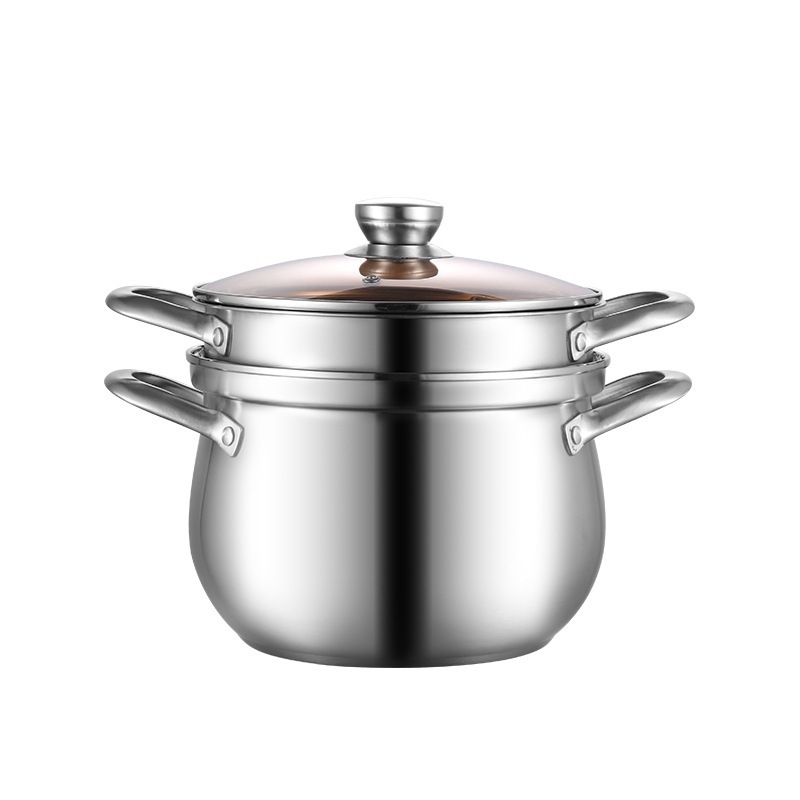 Oală dublă din oțel inoxidabil pentru abur, uz casnic, cu mâneri duble, oală de gătit abur pentru supe, compatibilă cu plite cu inducție și cu gaz, mare capacitate, design curbat
