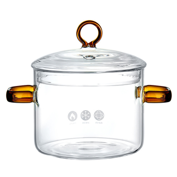 Oală de gătit din sticlă borosilicat, capac transparent, potrivită pentru foc deschis și plită cu gaz, 1,1–2 L.