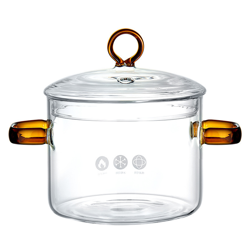 Oală de gătit din sticlă borosilicat, capac transparent, potrivită pentru foc deschis și plită cu gaz, 1,1–2 L.