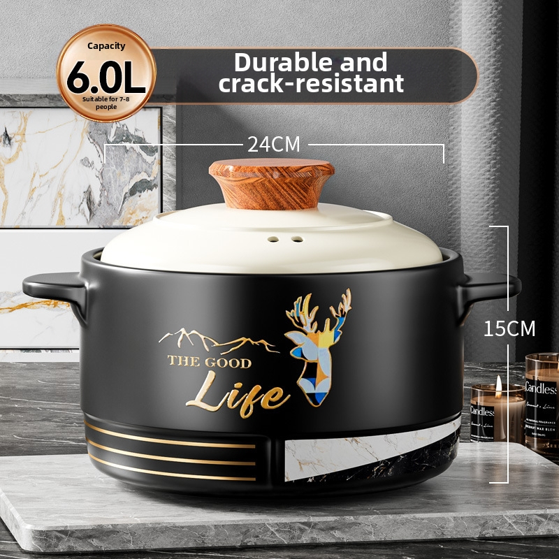 Oală ceramică din lut rezistentă la temperaturi înalte, pentru uz casnic și comercial, compatibilă cu plita pe gaz, oală pentru tocănițe și supe, cu capac, fund cu trei straturi, 5 litri sau mai mult