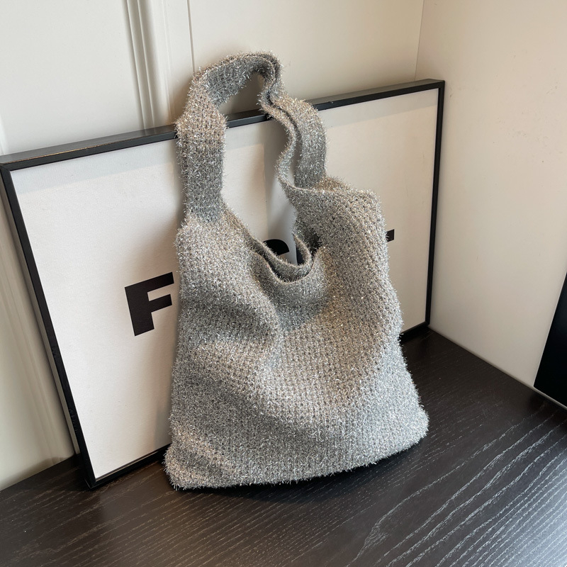 Ženska sjajna meka pletena torbica preko ramena, casual tote