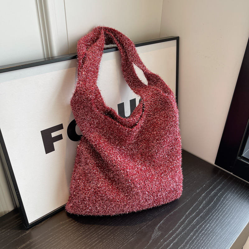 Ženska sjajna meka pletena torbica preko ramena, casual tote