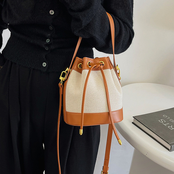 Ženska PU bucket torba s vrpcom za zatvaranje, mala, preko ramena ili crossbody, u kontrastnim bojama