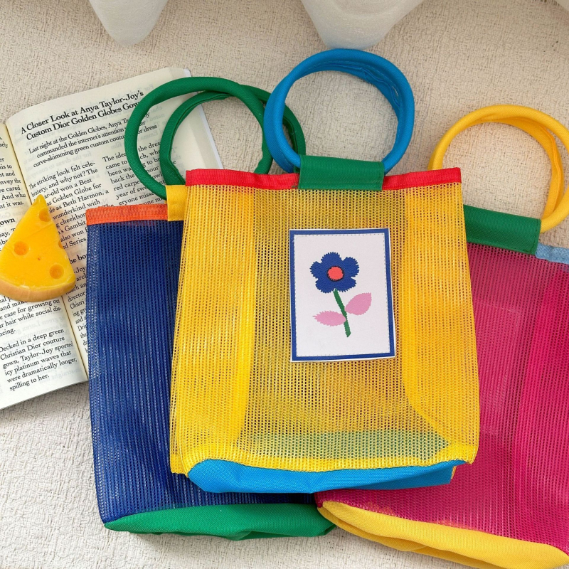 Mrežasta torba u stilu Korean Ins, bucket bag s perforacijom i blokom boja, dječja plažna torba