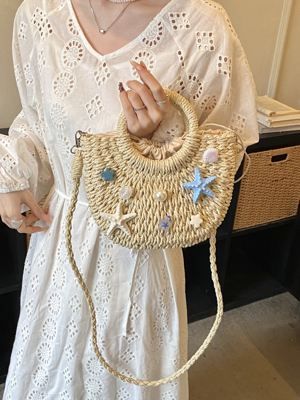 Ženska pletena torba u stilu otoka, akcent morske zvijezde i školjke, model 2026, plažna torba preko ramena ili crossbody