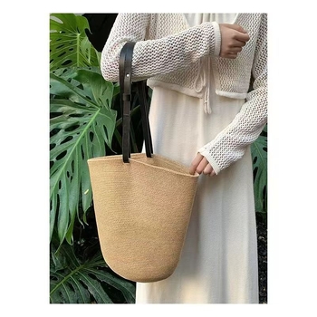 Slamnata bucket torba za ljeto, velika zapremina, jednonosni remen, vintage stil za plažu