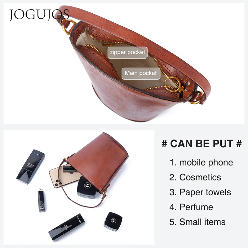 JOGUJOS Ženska torba od prave kože, bucket torba, svestrana torba za nošenje u ruci ili preko ramena, retro stil
