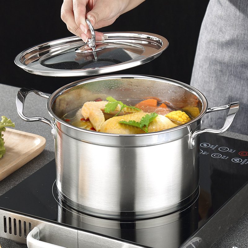Oală de supă din oțel inoxidabil pentru uz casnic, pereți groși, capac de sticlă, design european în formă dreptunghiulară, dimensiuni 22/24/26 cm, capacitate 3,1–4 L