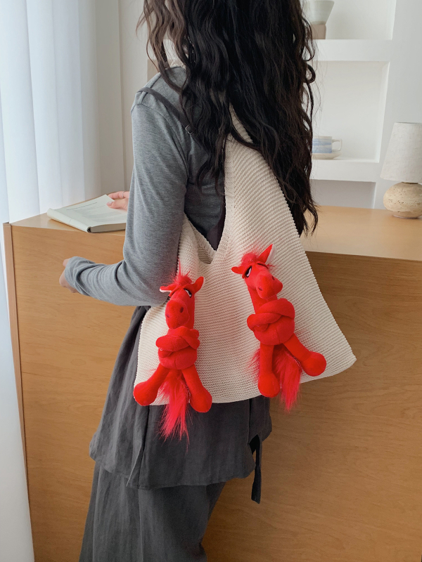 Ženska pletena torba velikog kapaciteta, cross-border stil, novi model 2026, ramena tote torba s motivom ponija