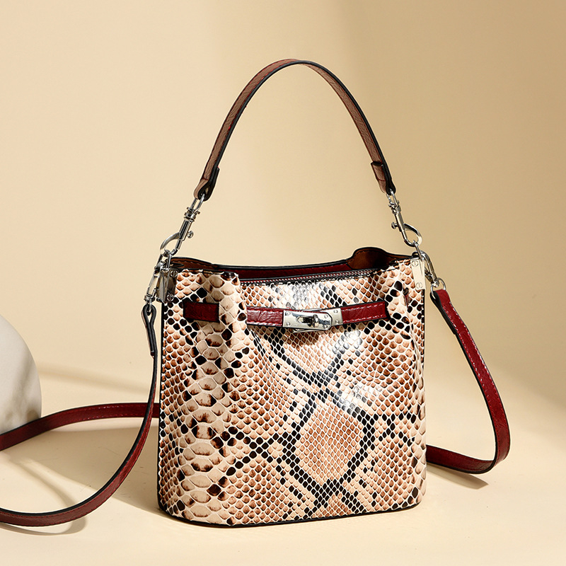 Ženska bucket torba s uzorkom zmije, teksturirana PU koža, retro stil, za rame ili crossbody