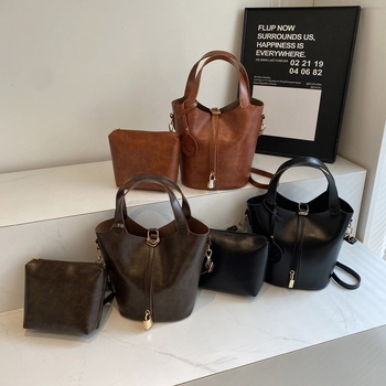 Ženska bucket torba od PU kože, retro stil, srednja veličina, dvostruke naramenice, svakodnevna uporaba