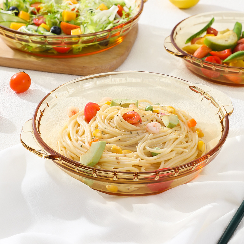 Farfurie rotundă din sticlă borosilicat, cu două mânere, 17 cm, pentru fructe și salate, rezistentă la microunde și cuptor
