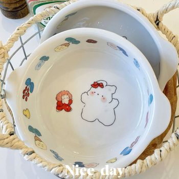 Vas ceramic compatibil cu friteuza cu aer, pentru microunde și cuptor, cu două mâneri, bol rotund pentru orez cu imprimeu iepuraș drăguț