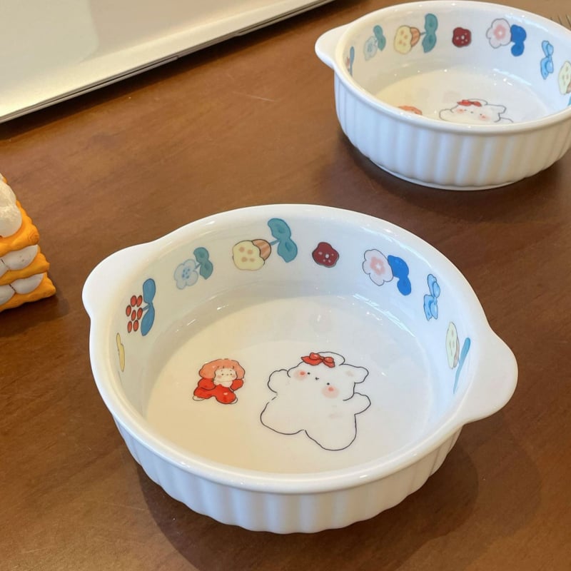 Vas ceramic compatibil cu friteuza cu aer, pentru microunde și cuptor, cu două mâneri, bol rotund pentru orez cu imprimeu iepuraș drăguț