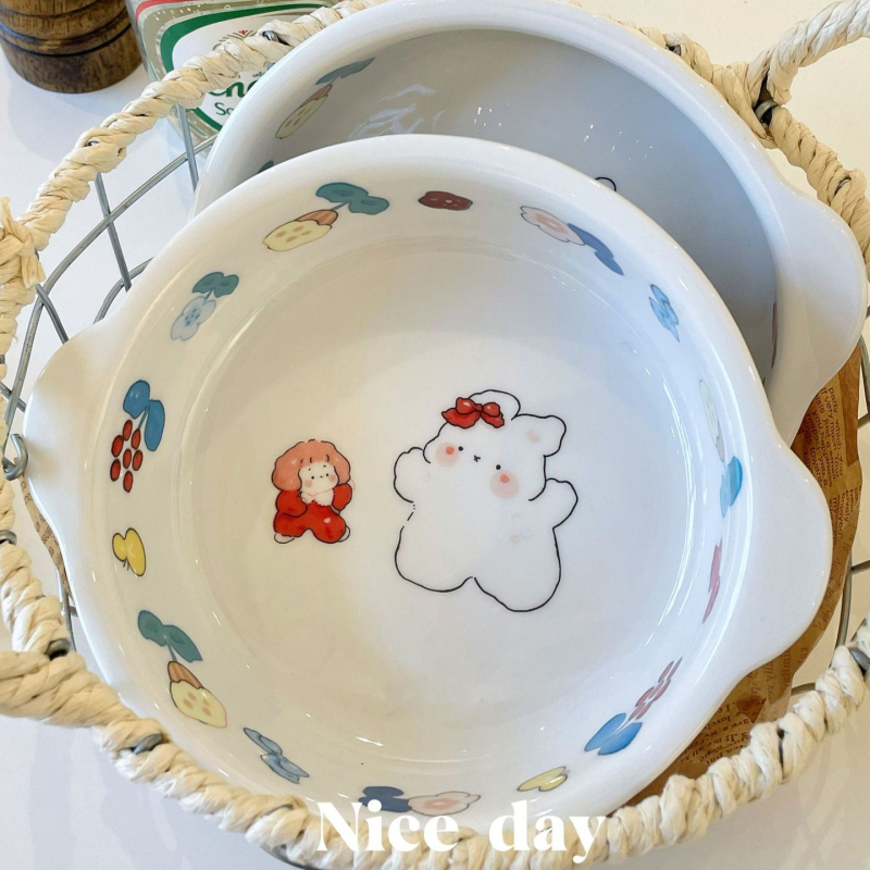 Vas ceramic compatibil cu friteuza cu aer, pentru microunde și cuptor, cu două mâneri, bol rotund pentru orez cu imprimeu iepuraș drăguț