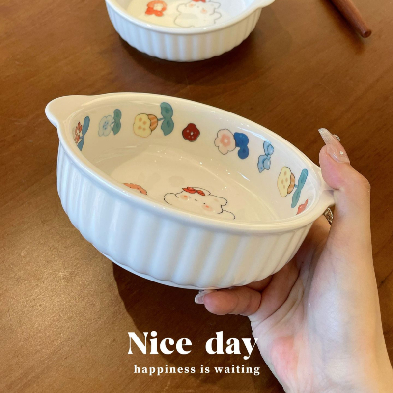 Vas ceramic compatibil cu friteuza cu aer, pentru microunde și cuptor, cu două mâneri, bol rotund pentru orez cu imprimeu iepuraș drăguț