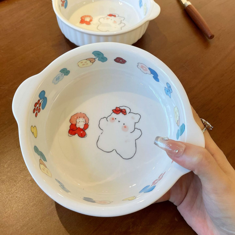 Vas ceramic compatibil cu friteuza cu aer, pentru microunde și cuptor, cu două mâneri, bol rotund pentru orez cu imprimeu iepuraș drăguț