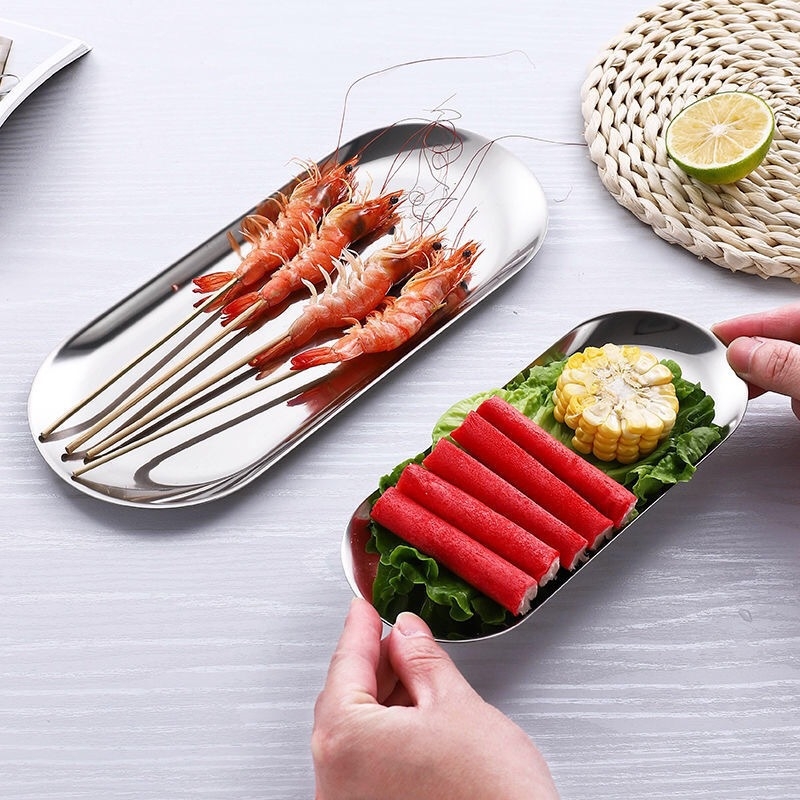 Koreai stílusú rozsdamentes acél grill-tál, sík ovális tál uzsonnákhoz, zöldségekhez és desszertekhez