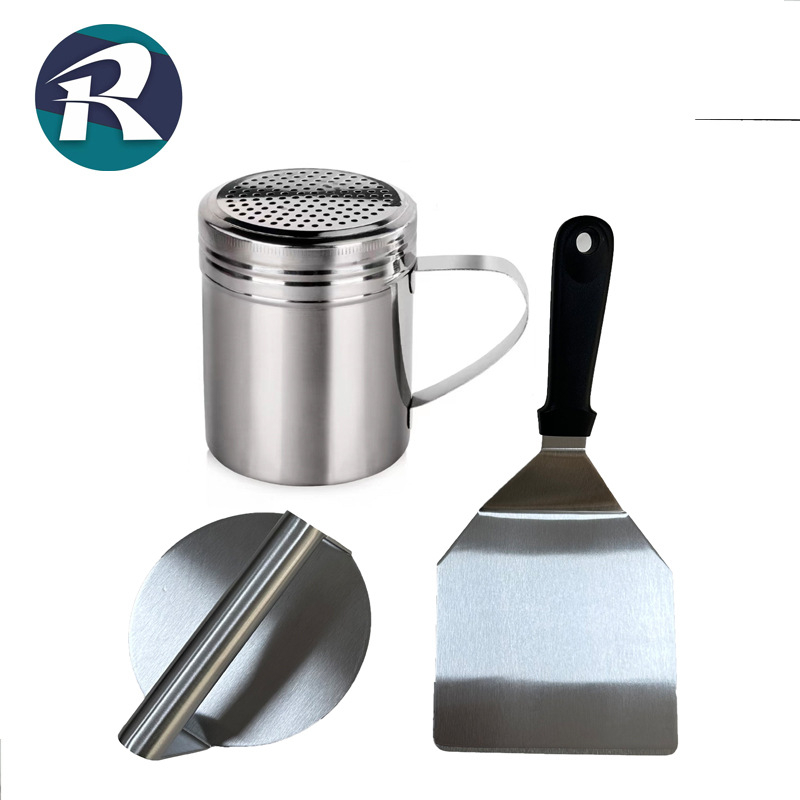 Set ustensile grătar: spatulă pentru prăjit, presă pentru carne, accesorii pentru gril în aer liber, condimente pentru friptură, set de trei piese