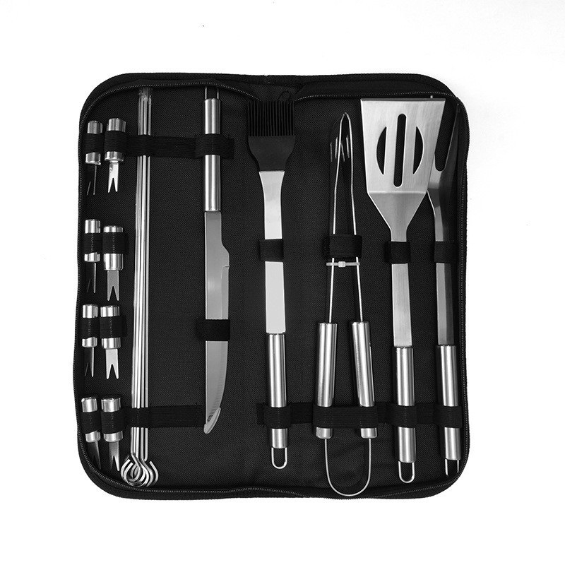 Set de ustensile pentru grătar din oțel inox cu mâner tubular mic, clemă, spatulă și furculiță, pentru exterior, 20 de piese într-o geantă din material Oxford