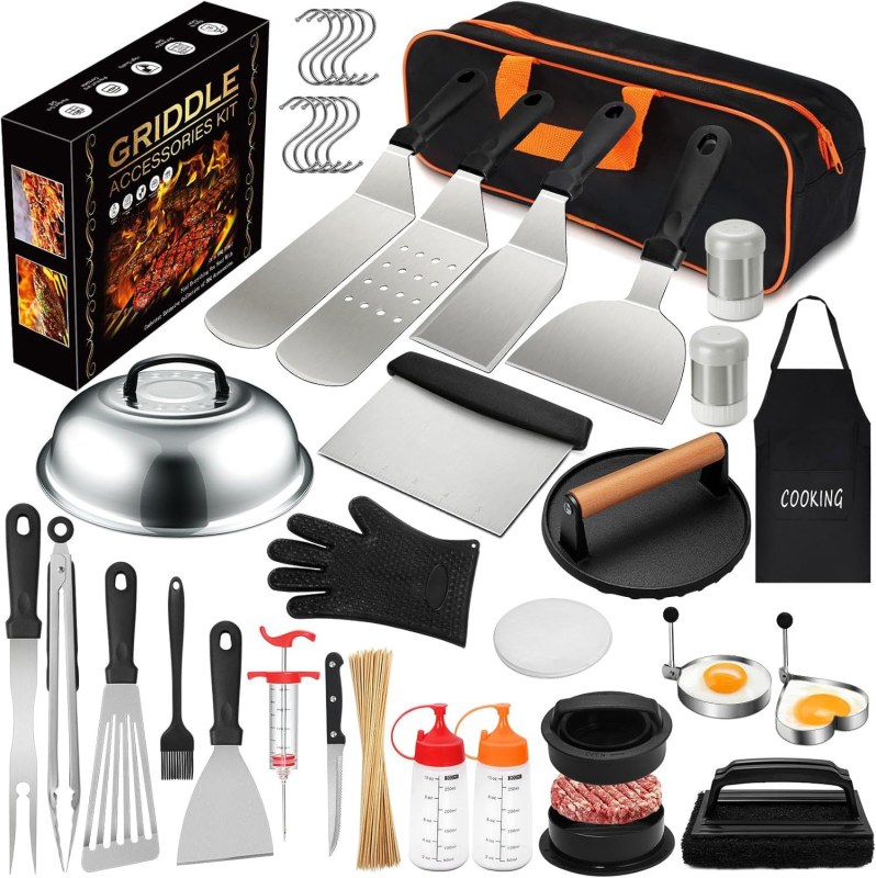 Set de unelte pentru grătar pentru exterior cu mânere din plastic, spatulă, tigaie pentru grătar și accesorii, în geantă de depozitare
